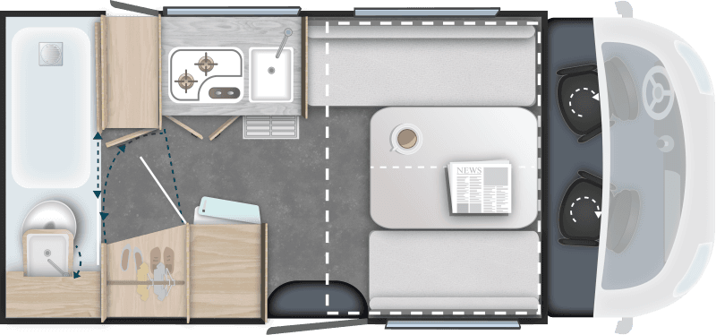 Grundriss Challenger X150 – Hubbett + SmartLounge